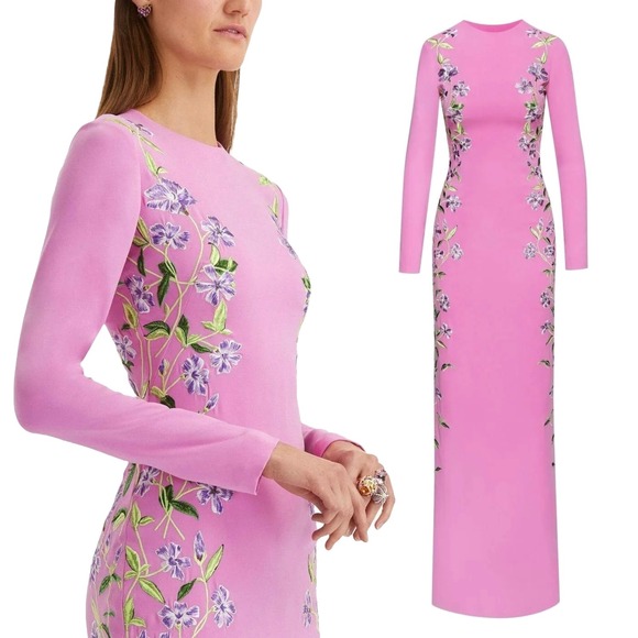 Oscar de la Renta Lilac Embroidered Floral Threadwork Silk Column Gown - Size 10